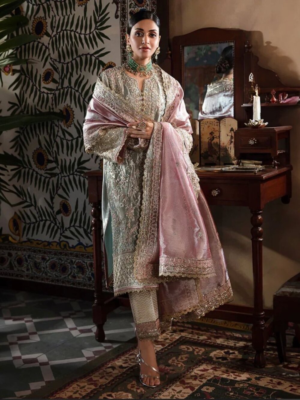 Mushq Amaya Aqua Silver / Zarri Silk Pakistani Suit